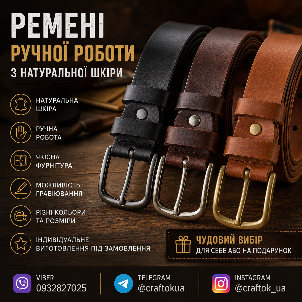 Ремені ручної роботи з натуральної шкіри