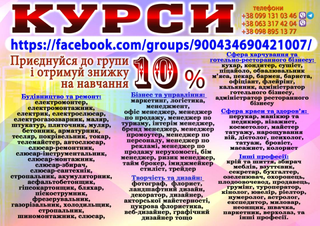 Курси кухар, кондитер, сушист, піццеолі, пекар, бармен, барист